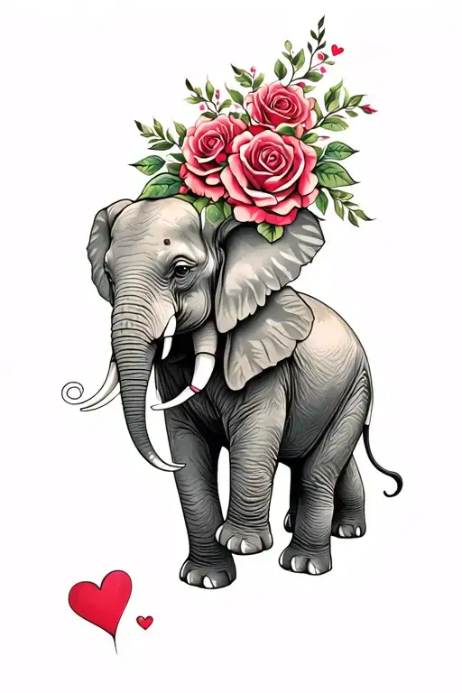 Mother Elephant With Her Baby Roses And Love Hearsts