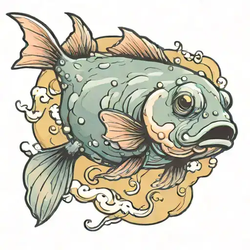 A Blob Fish On A Cloud Holding A Fishinghook