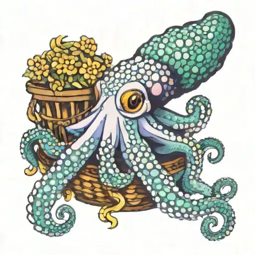 Colorful Octopus With Mignonette Flowers And Basket