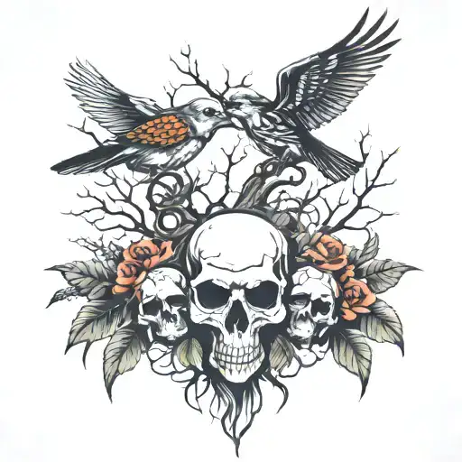 Skulls And Guns And A Tree With Birds
