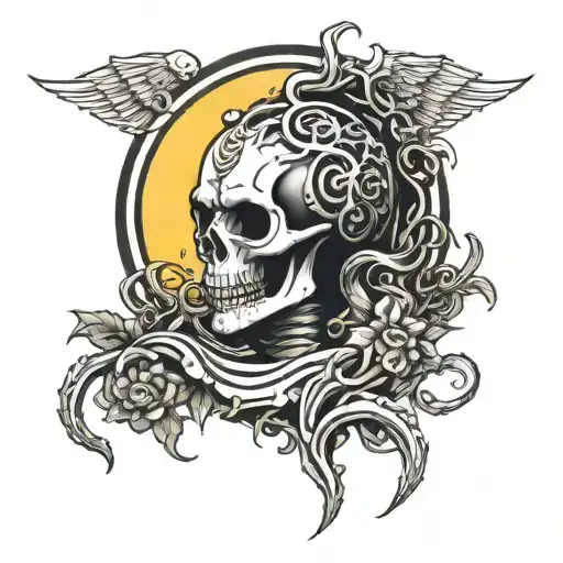 Skeleton Medusa Head Holding Sun With Four Rays On Each Side And Stars