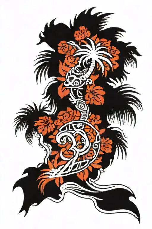 Palm Tree And Om Symbol And Ocean Wave And Some Flowers