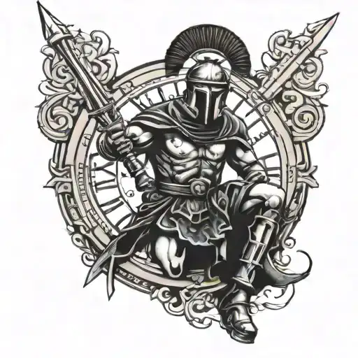 Spartan Soldier Holding Sword Surrounded By Roman Clock