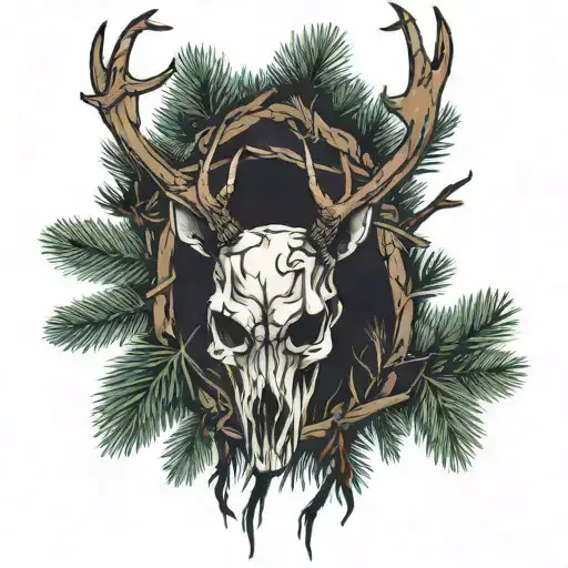 A Deer Skull With Pine Trees Down His Horns