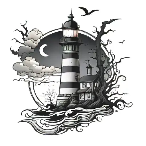 Tim Burton Inspired Tattoo With Lighthouse Standing Tall