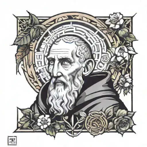 Neotraditional Portrait Of Saint Benedict Surrounded By Symbols Of Agriculture