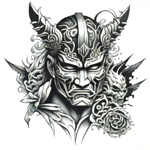 Japanese Warrior Mask Shattered Pieces Merging Together