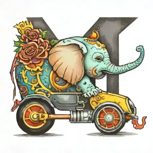 The Letter H With A Water Color Elephant And A Toy Hot Rod Car By It