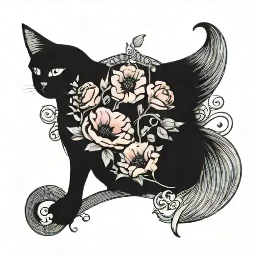Art Noveau Fan Poppies Flowers Moon Back Of Black Cat
