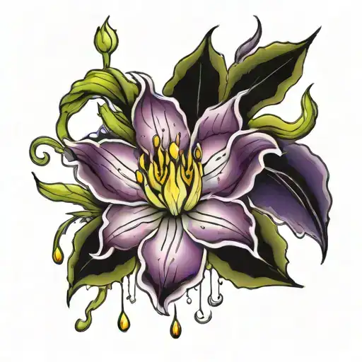 Larkspur Flowers Growing And Becoming Intertwined With Water Lilly That Is Dripping Rubies