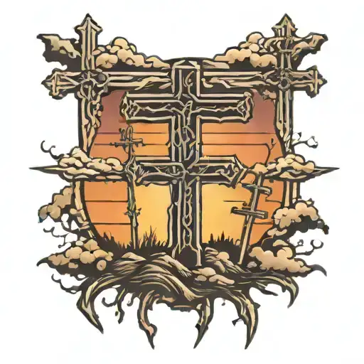 3 Crosses On Hill Sunset Background