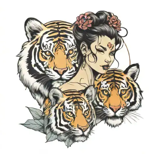 Woman And Tiger Head