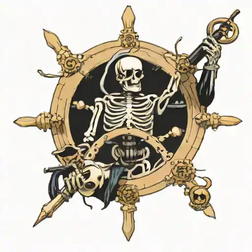Skeleton Captain Steering Ships Wheel