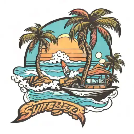 Surf Beach Scene With Palm