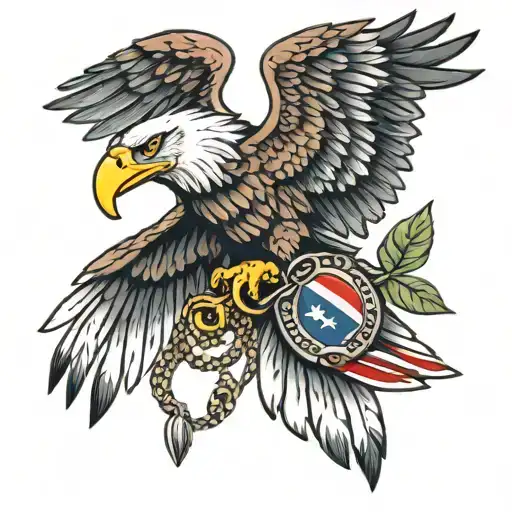 Eagle Holding An American Falg With Dog Tags Attached To Chain