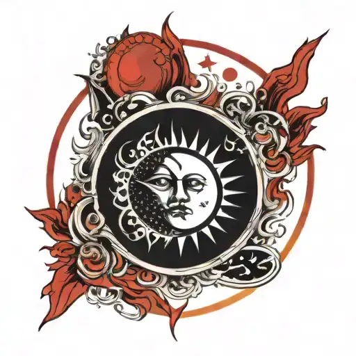 The Sun And The Moon Merging Against The Background Of A Red Circle With The Inscription