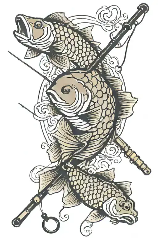 Fishing Rod With A Line And A Carp Swimming