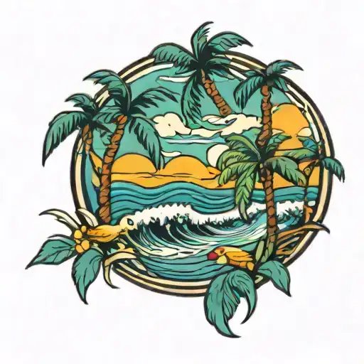 Waves Palm Tree Beach Birds