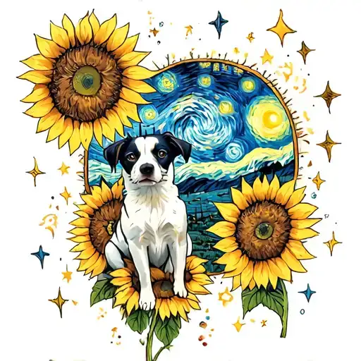 Sunflower And Van Gogh Starry Night Sky And Dog Sitting Alone