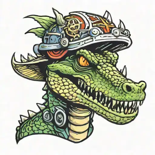Crocodile With Fire Helmet In Mouth