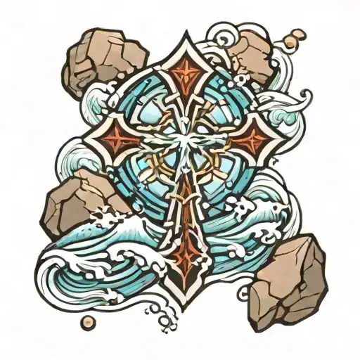 Cross With Rocks And Water Waves