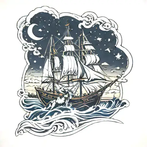 Realistic Wolf On Beach At Night With Pirate Ship Sailing Through Stormy