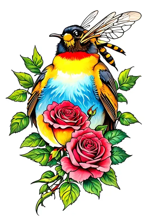 Robin And Roses And Bee