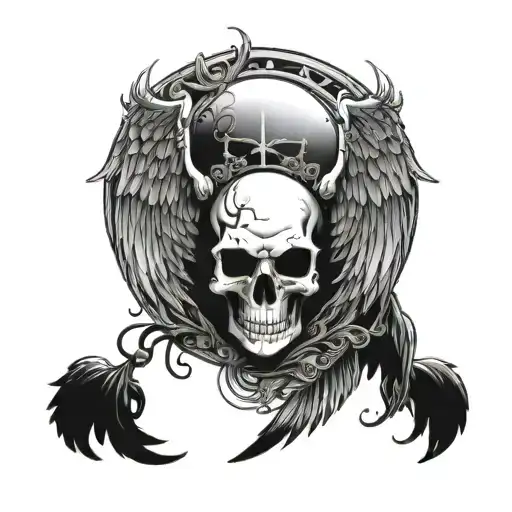 A Design With Angel Wings And A Skull In The Middle In Black And White