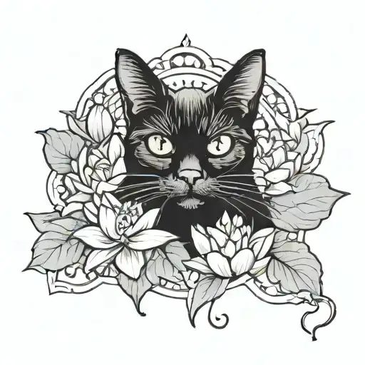 Black Cat And Lotus Flower