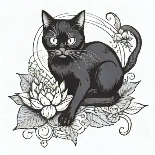 Black Cat And Lotus Under The Cat Playing