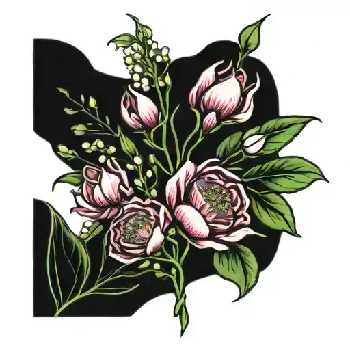 Lily Of The Valley Intertwined With Peony And Rose