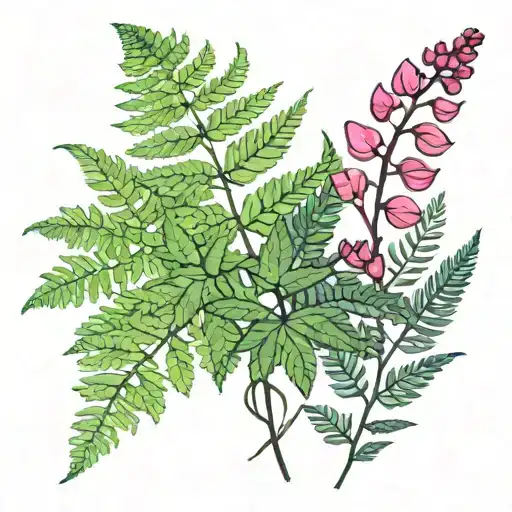 Fern And Fuchsia Plant Growing Together Symbolizing