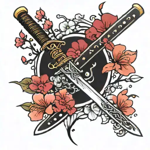 Katana Sword And Sakura Flowers Growing