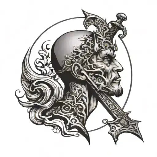 Overthinking Head Tattoo Holding Sword Going Vertical