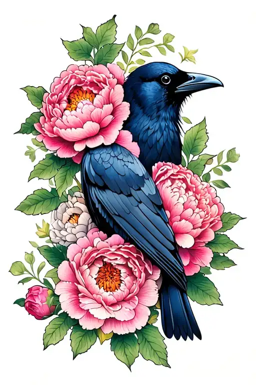 Peonies And A Raven In Color
