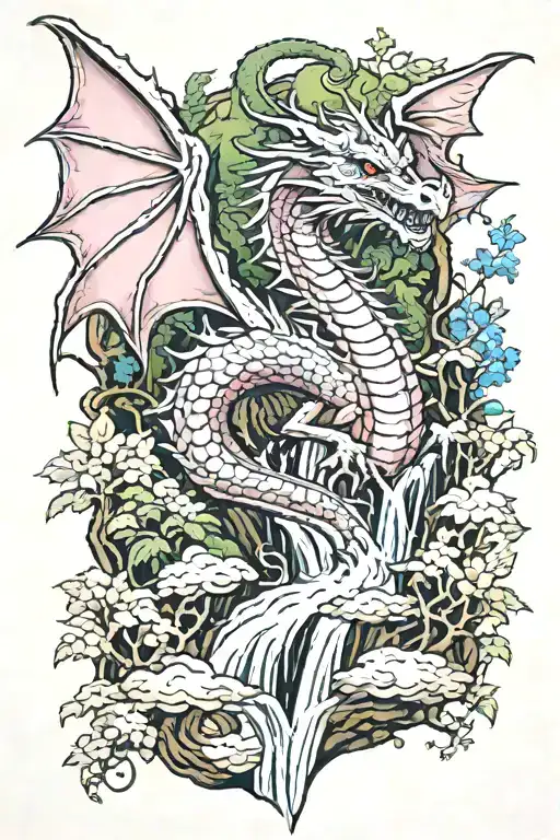 Red Dragon In The Forest With A Waterfall Cascading All Color