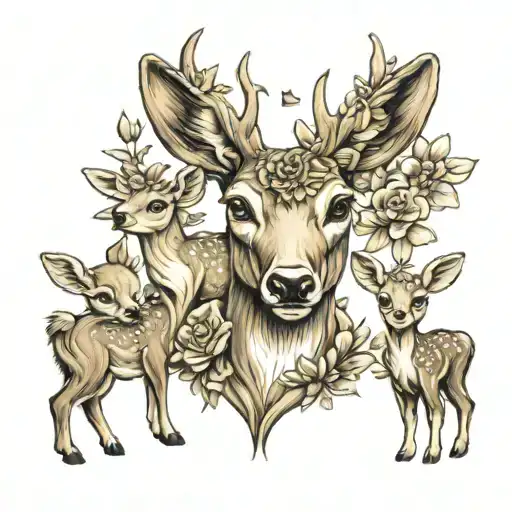 Mother Deer With 2 Baby Deers Tattoo Design