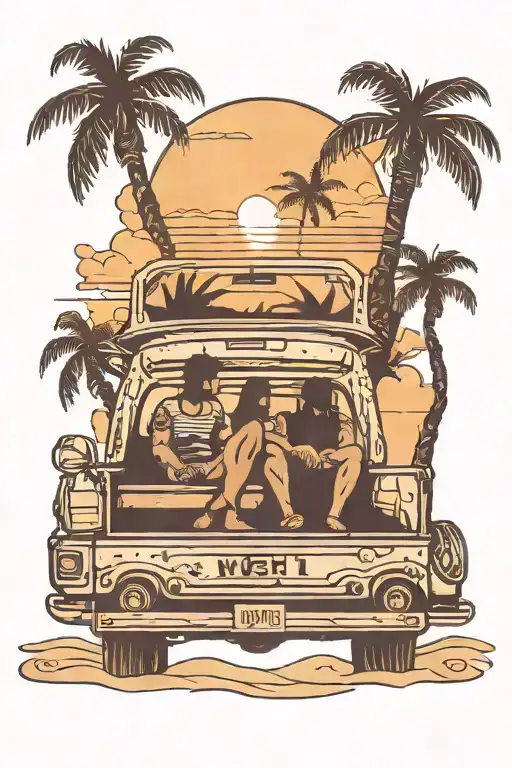 2 Silhouettes Sitting In A Truck Bed Watching The Sunset On A Beach