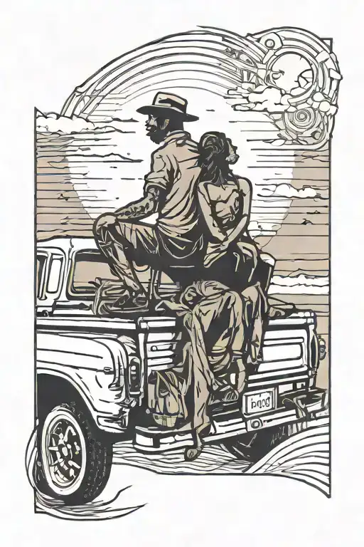 2 Silhouettes Sitting In A Truck Bed Watching The Sunset On A Beach