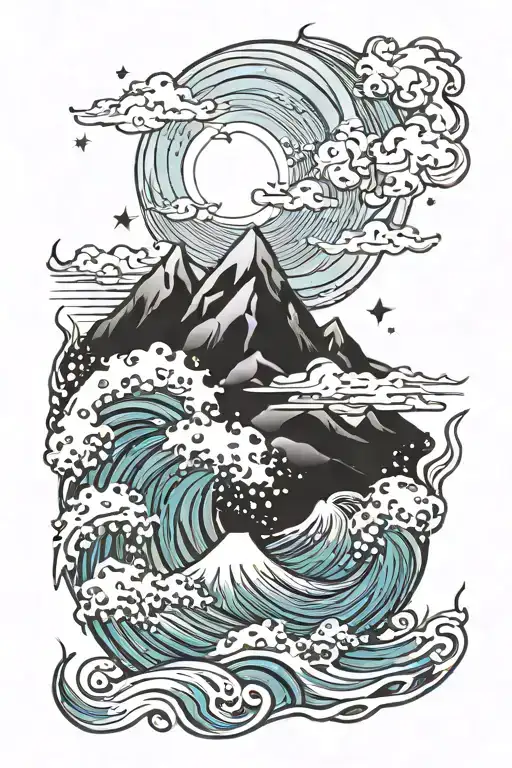 Ocean Waves With Mountains And Stars Forming