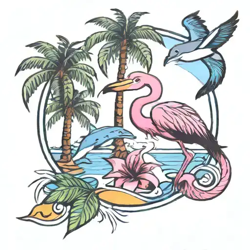 Beach Palm Trees Flamingo And A Dolphin Swimming