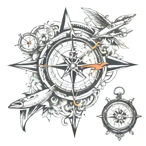 Compass With Timepiece And Lighthouse And Airplane