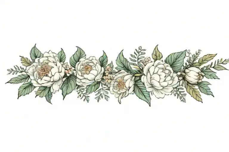 Peonies With Fern Leaves And Different Flowers And Delicate Leaves