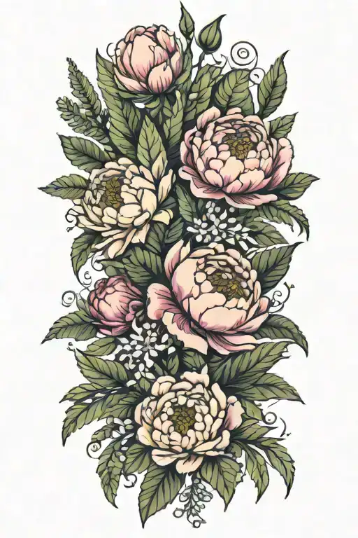 Peonies With Fern Leaves And Different Flowers And Delicate Leaves