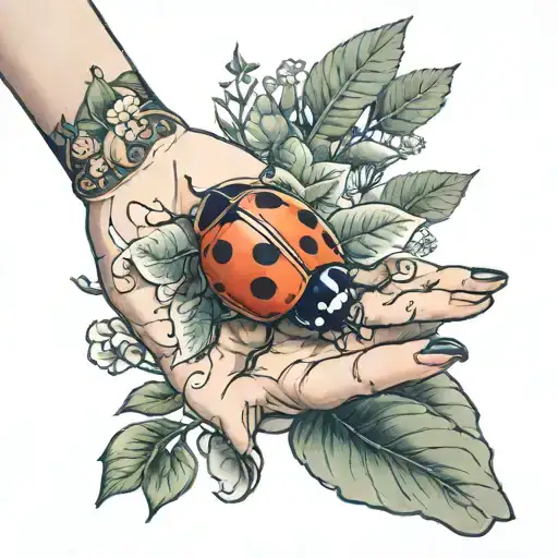 Ladybug Crawling On A Child's Hand With A Backdrop Of Outdoor Scenery