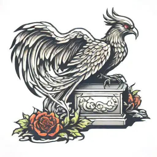 A Phoenix Sitting On A Grave Stone In A Graveyard