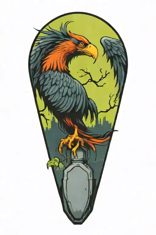 A Phoenix Sitting On A Grave Stone In A Graveyard Filled