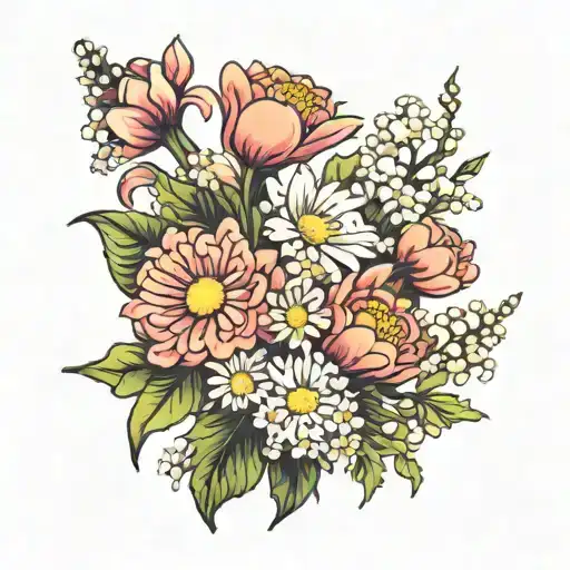 Flower Bouquet With Chrysanthemum Daisies And Lily Of The Valley