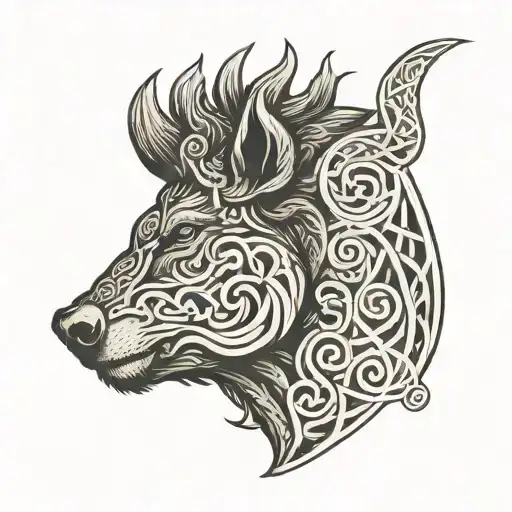Boar Head In Profile With Celtic Scrollwork Background