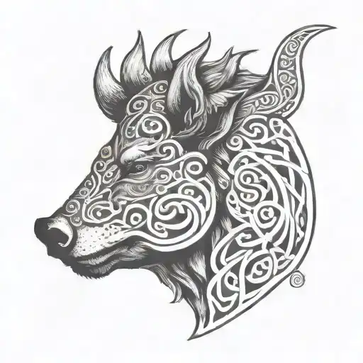 Boar Head In Profile With Celtic Scrollwork Background